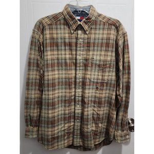 VTG Tommy Hilfiger Beige Plaid Crest‎ Logo Button Down Long Sleeve Shirt Size M